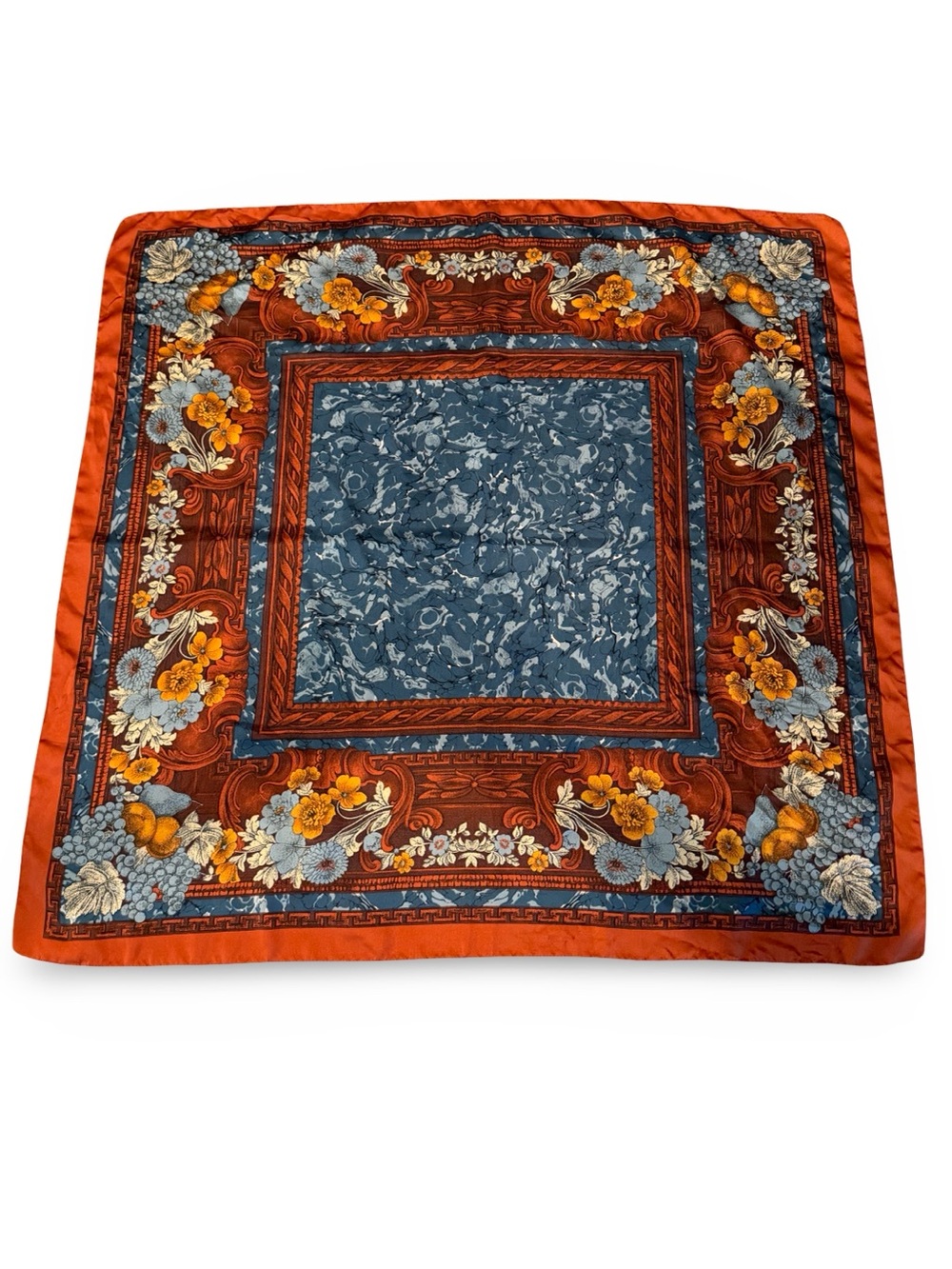 MADE IN ITALY Floral Border Silk Square Scarf in Rust & Slate Blue 30x30